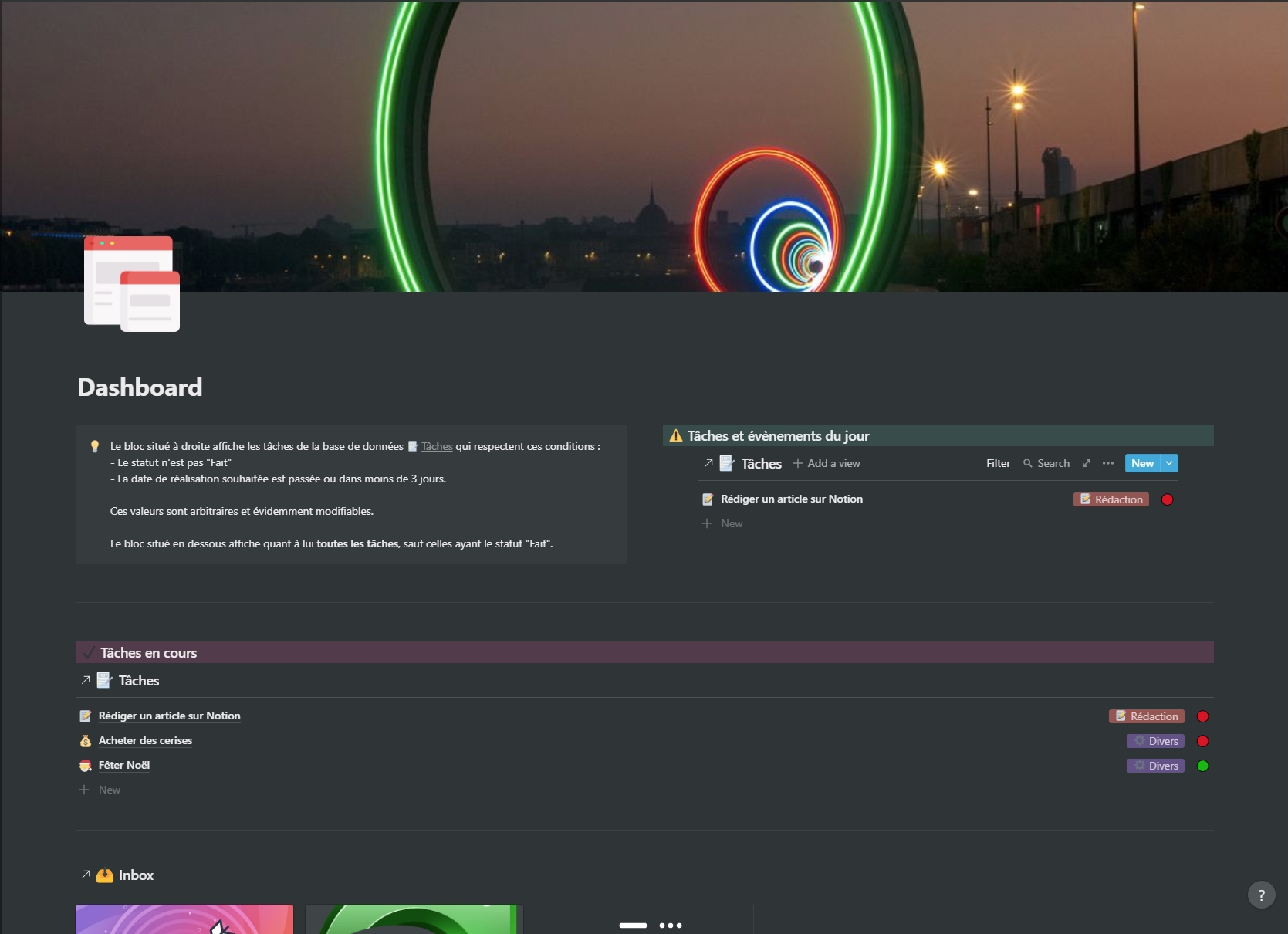 Notion : gestion des tâches, dashboard.