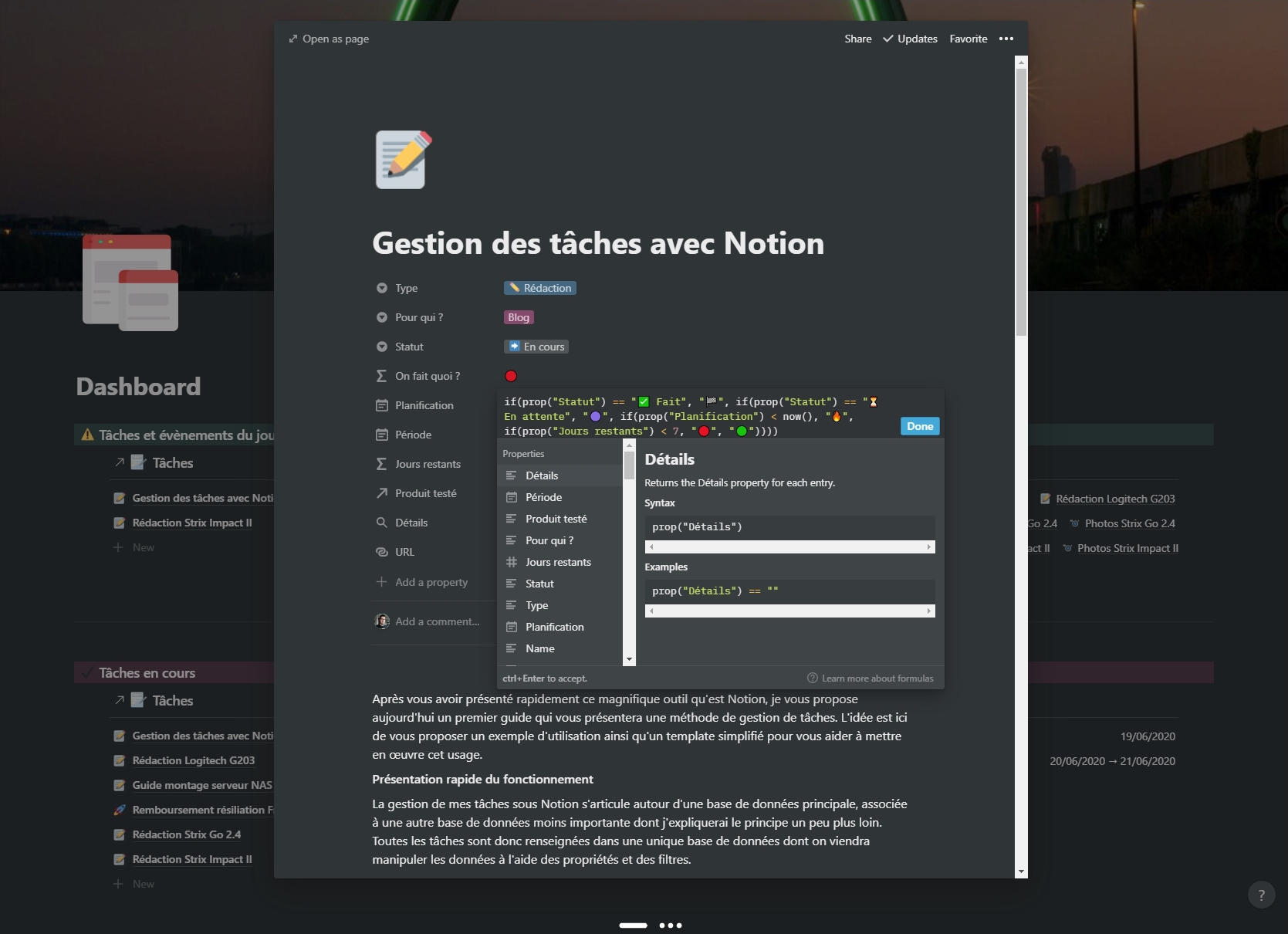 Notion : gestion des tâches, dashboard.